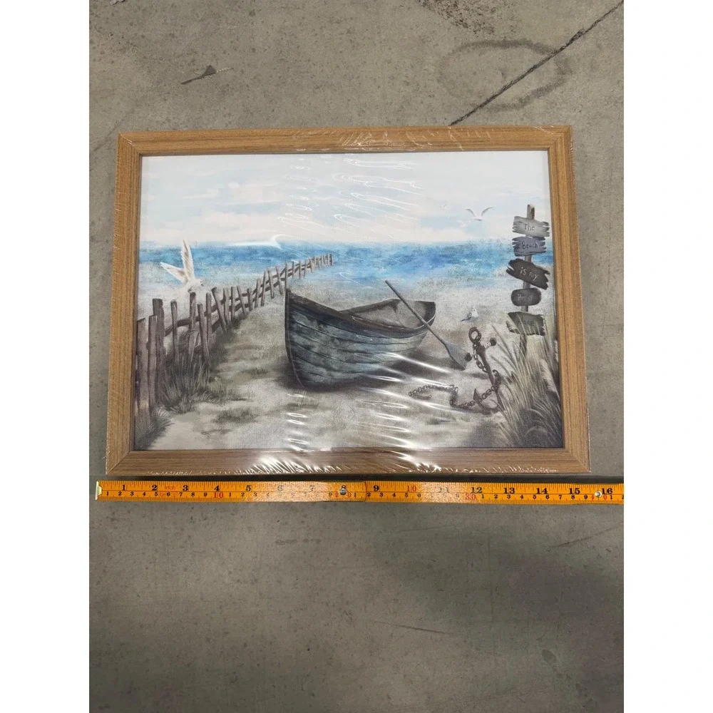 Coastal Beach Scene Framed Canvas Wall Art Rowboat Anchor Nautical Decor 12x16